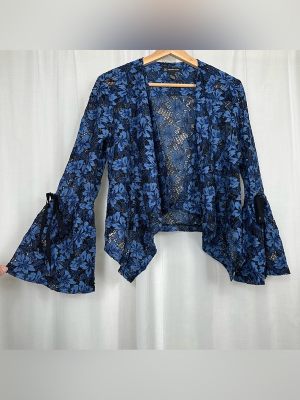 INC Blue Sheer Floral Lace Bell Sleeve Draped Open Cardigan Shrug‎ M Whimsigoth